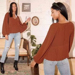 Lulus Size S Top Thrills & Frills Rust‎ Orange Ruffled Long Sleeve Blouse NEW